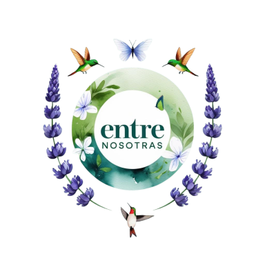 Logo de "entre nosotras" con flores, aves y un círculo central decorativo.